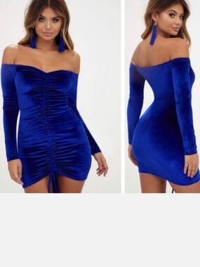 PrettyLittleThing Off-Shoulder Ruched Velvet Mini Dress in Blue